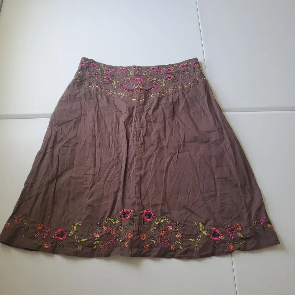 Y2K Fairy Grunge Whimsy Skirt Womens 12 Brown Embroidered Floral Boho Spring - Picture 3 of 8